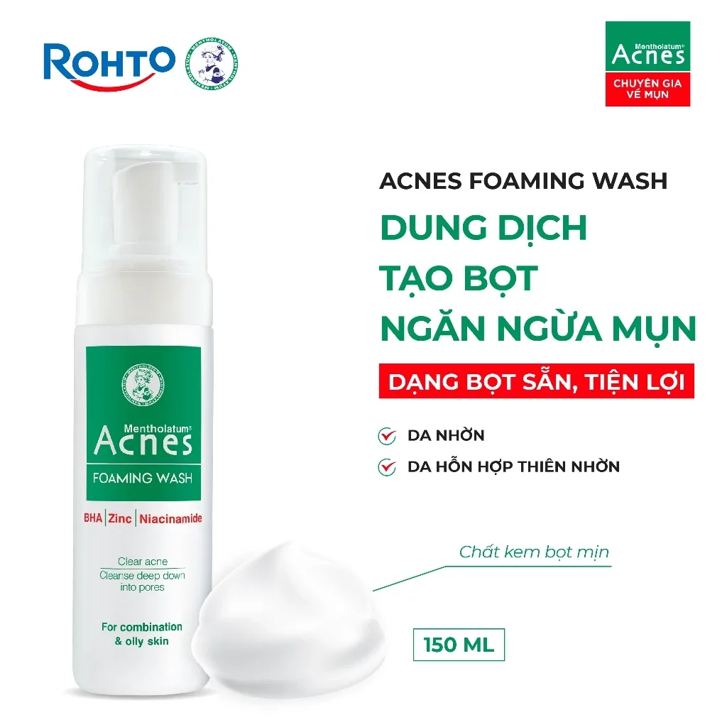 Sữa Rửa Mặt Tạo Bọt Acnes Foaming Wash BHA Làm Sạch Sâu Ngăn Ngừa Mụn Cho Da Dầu Lỗ Chân Lông To 150ml 4