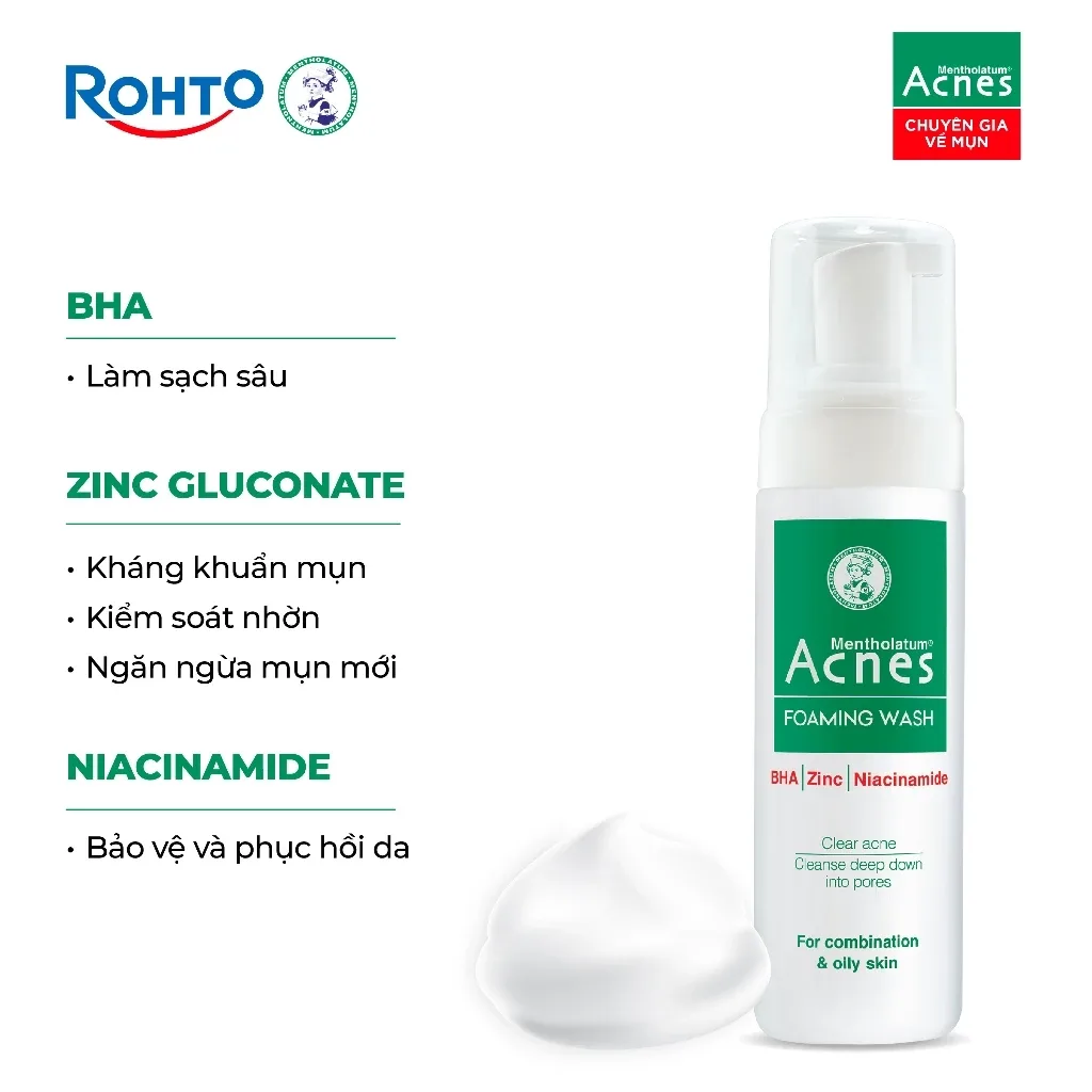 Sữa Rửa Mặt Tạo Bọt Acnes Foaming Wash BHA Làm Sạch Sâu Ngăn Ngừa Mụn Cho Da Dầu Lỗ Chân Lông To 150ml 5