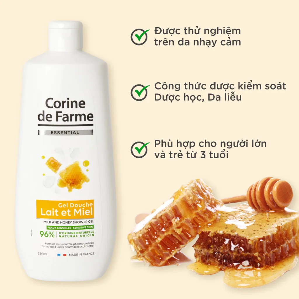 Gel Tắm Sữa Mật Ong Corine De Farme Essential Milk And Honey Shower Gel Nuôi Dưỡng Da Mềm Mịn 750ml 4