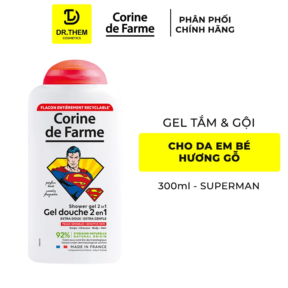 Gel Tắm Gội 2 In 1 Cho Bé Corine De Farme Superman Shower Gel Làm Sạch Dịu Nhẹ Hương Gỗ Ấm Áp 300ml