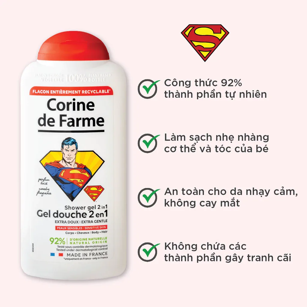 Gel Tắm Gội 2 In 1 Cho Bé Corine De Farme Superman Shower Gel Làm Sạch Dịu Nhẹ Hương Gỗ Ấm Áp 300ml 5