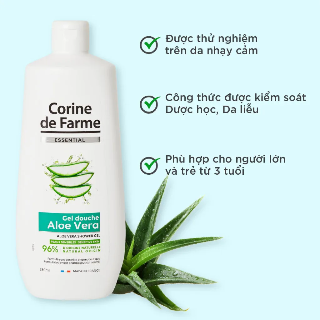 Gel Tắm Lô Hội Corine De Farme Essential Aloe Vera Shower Gel Dịu Nhẹ Cấp Ẩm Cho Da Nhạy Cảm 750ml 5