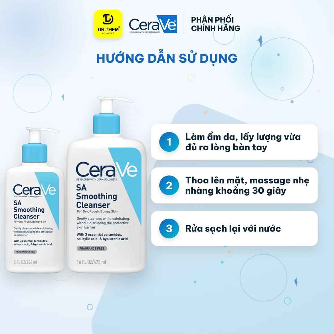 Sữa Rửa Mặt CeraVe SA Smoothing Cleanser BHA Tẩy Tế Bào Chết Hỗ Trợ Giảm Mụn Ẩn Cho Da Sần Sùi 88ml/236ml/473ml 3
