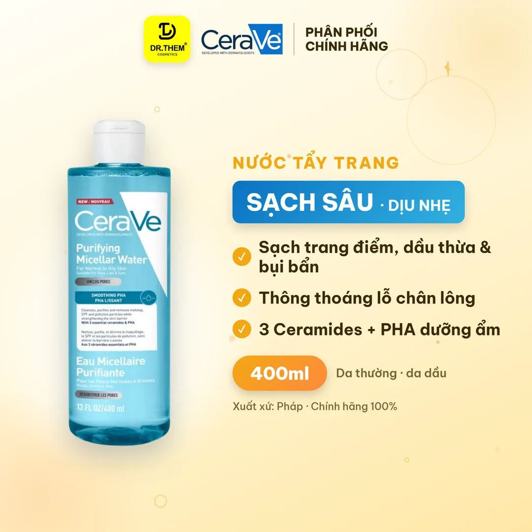 Nước Tẩy Trang CeraVe Purifying Micellar Water Làm Sạch Sâu Thông Thoáng Lỗ Chân Lông Cho Da Thường Đến Da Dầu 400ml