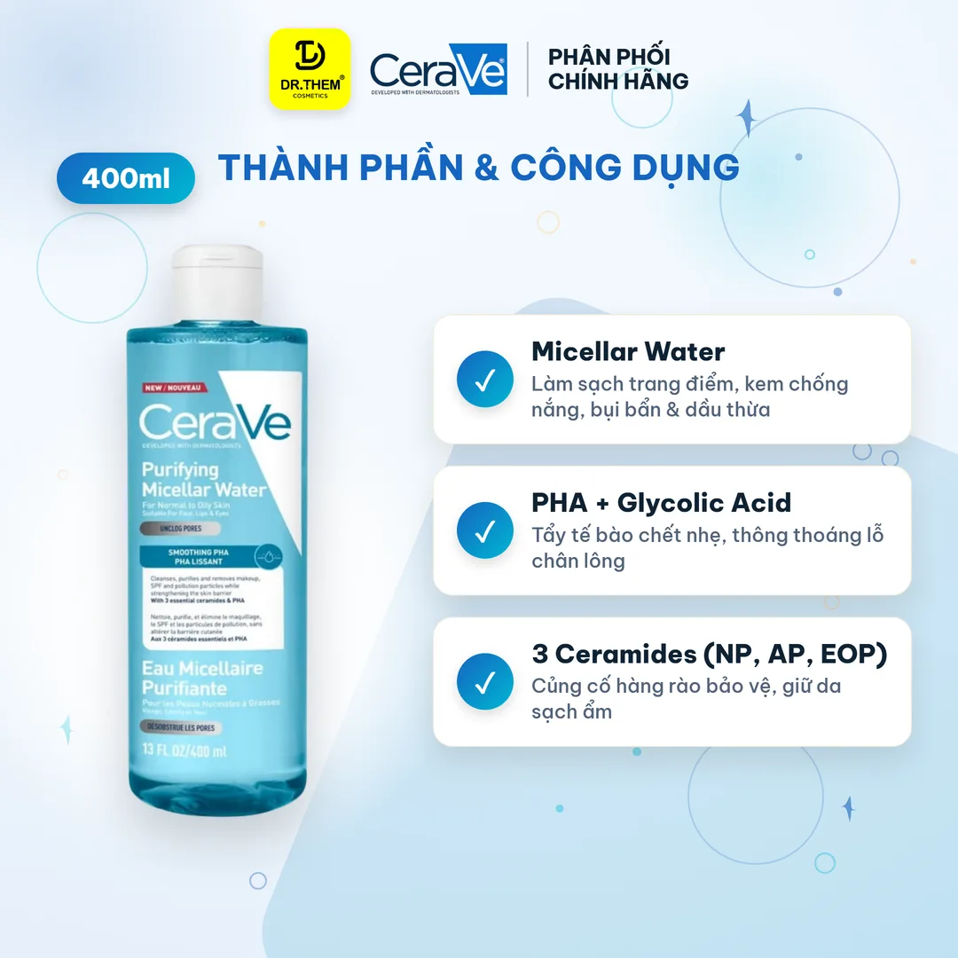 Nước Tẩy Trang CeraVe Purifying Micellar Water Làm Sạch Sâu Thông Thoáng Lỗ Chân Lông Cho Da Thường Đến Da Dầu 400ml 2