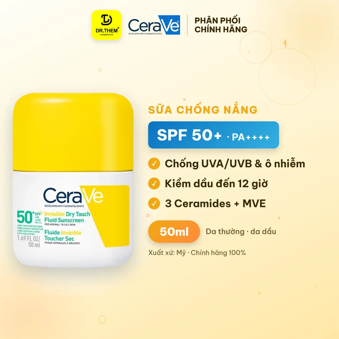 Sữa Chống Nắng CeraVe Dry Touch SPF 50+ PA++++ Kiềm Dầu 12 Giờ Mỏng Nhẹ Khô Thoáng Cho Da Thường Đến Da Dầu 50ml