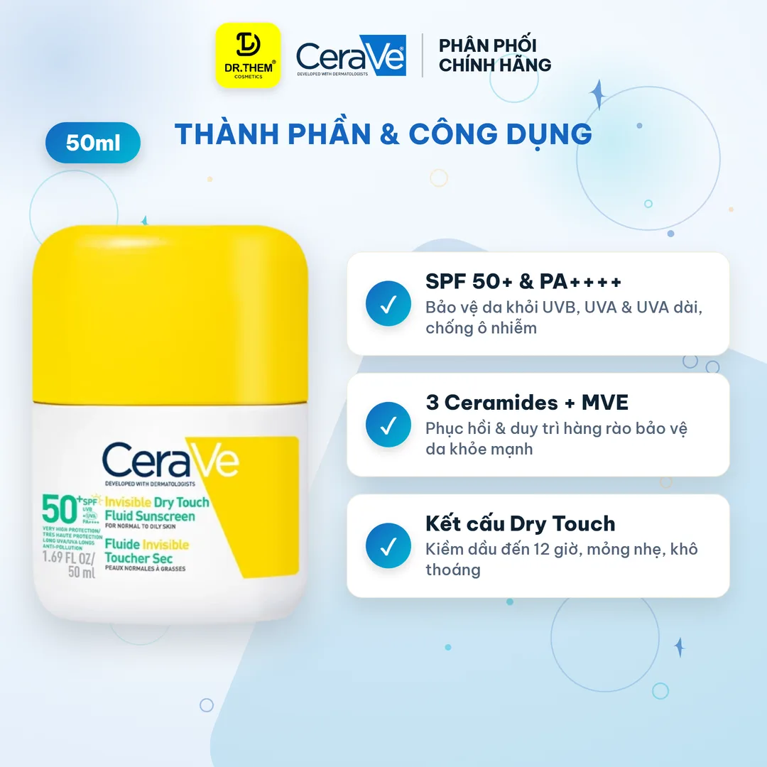 Sữa Chống Nắng CeraVe Dry Touch SPF 50+ PA++++ Kiềm Dầu 12 Giờ Mỏng Nhẹ Khô Thoáng Cho Da Thường Đến Da Dầu 50ml 2