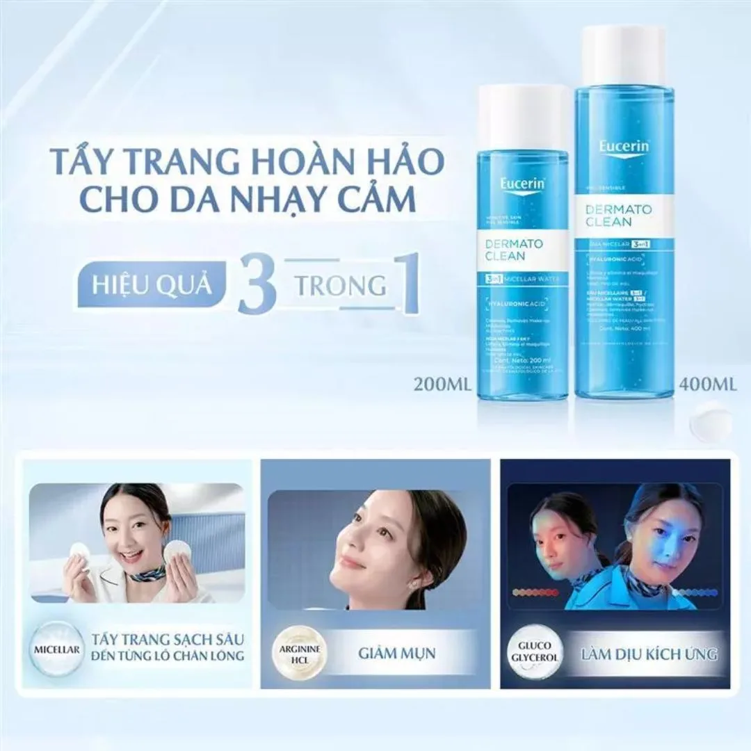 Nước Tẩy Trang Eucerin DermatoClean Micellar Water 3 Trong 1 Làm Sạch Dịu Nhẹ Cấp Ẩm Cho Da Nhạy Cảm 100ml/200ml/400ml 3