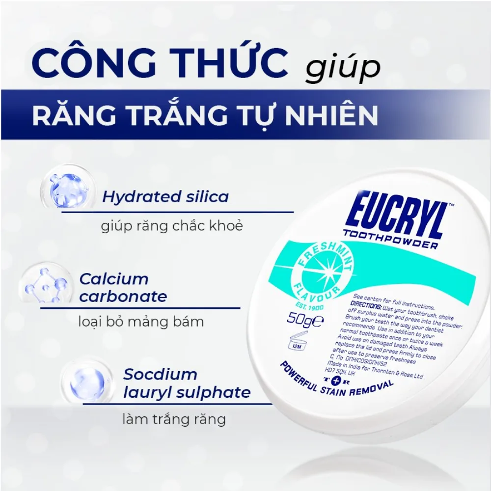 Bột Làm Trắng Răng Eucryl Tooth Powder Freshmint Hỗ Trợ Làm Sạch Mảng Bám Vết Ố Hương Bạc Hà 50g 3