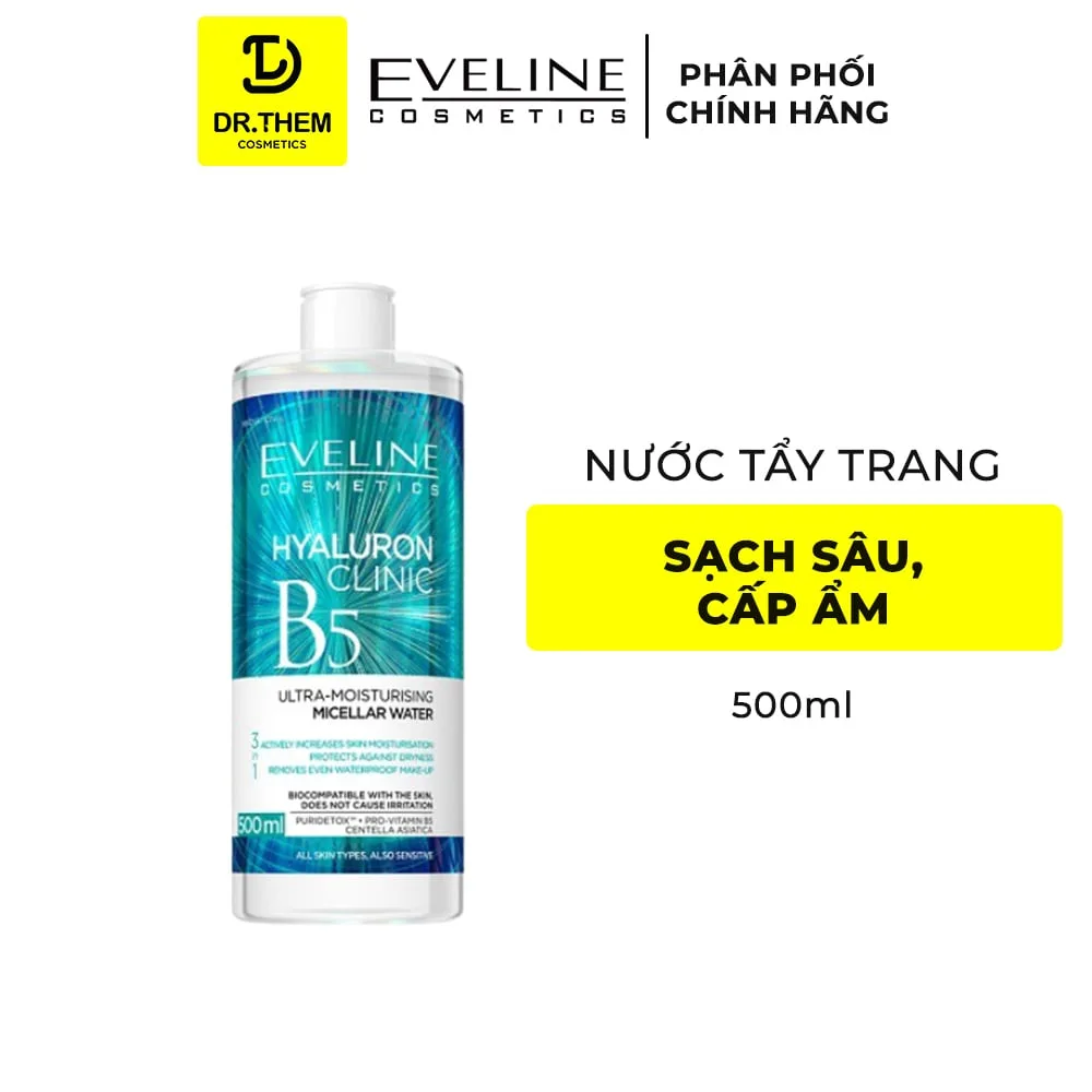 Nước Tẩy Trang Eveline Hyaluron Clinic B5 Ultra Moisturising Micellar Water Làm Sạch Cấp Ẩm Cho Mọi Loại Da 500ml