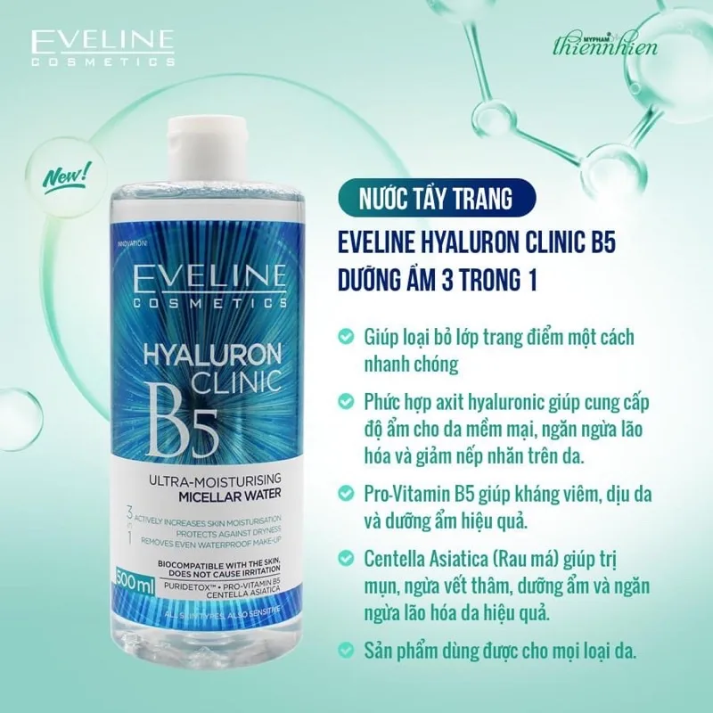 Nước Tẩy Trang Eveline Hyaluron Clinic B5 Ultra Moisturising Micellar Water Làm Sạch Cấp Ẩm Cho Mọi Loại Da 500ml 4