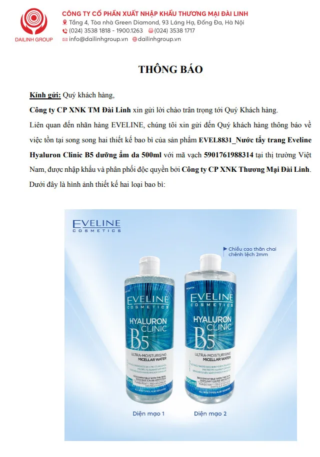 Nước Tẩy Trang Eveline Hyaluron Clinic B5 Ultra Moisturising Micellar Water Làm Sạch Cấp Ẩm Cho Mọi Loại Da 500ml 6