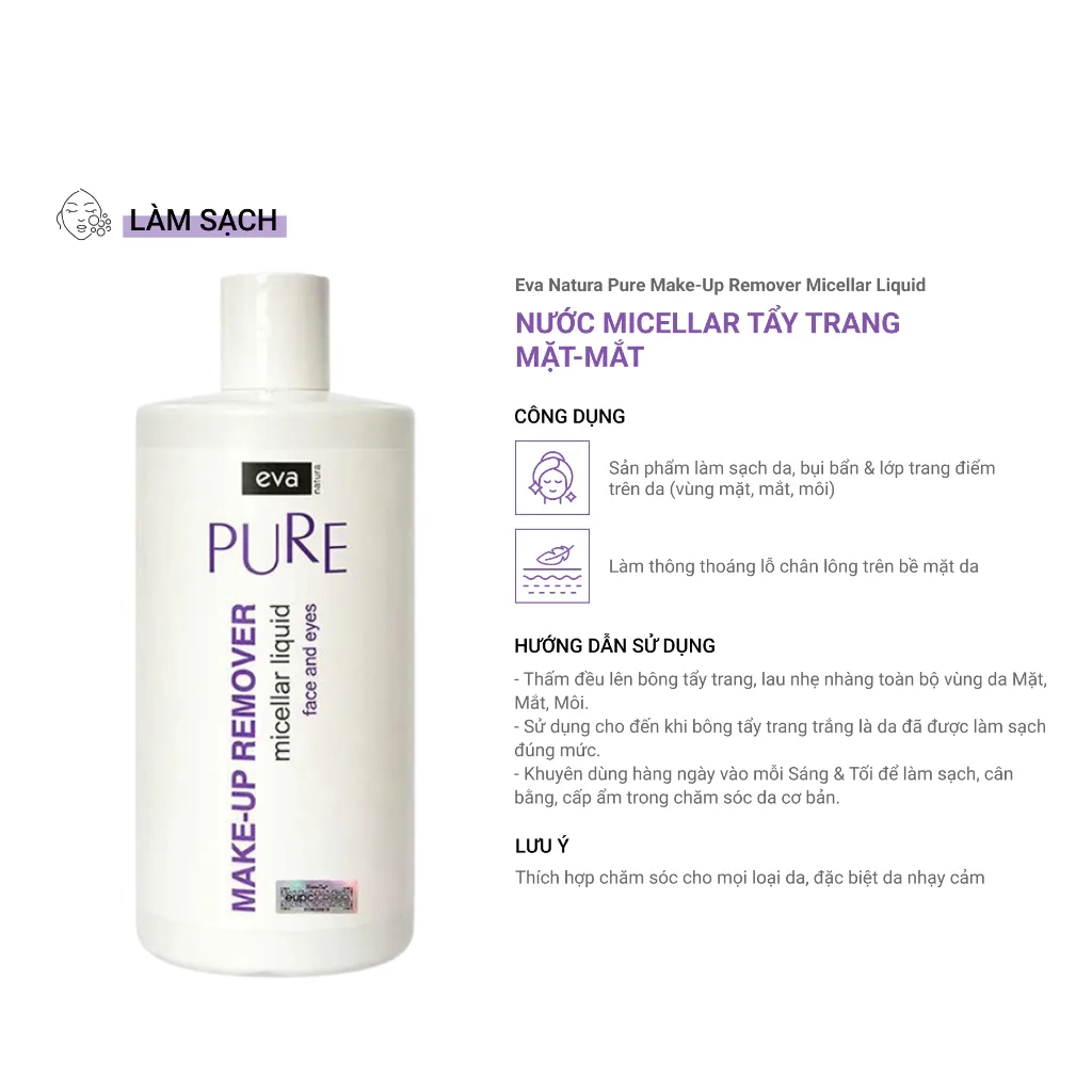 Nước Tẩy Trang Eva Natura Pure Micellar Liquid Làm Sạch Dịu Nhẹ Vùng Mặt Mắt Môi Cho Da Nhạy Cảm 500ml 2