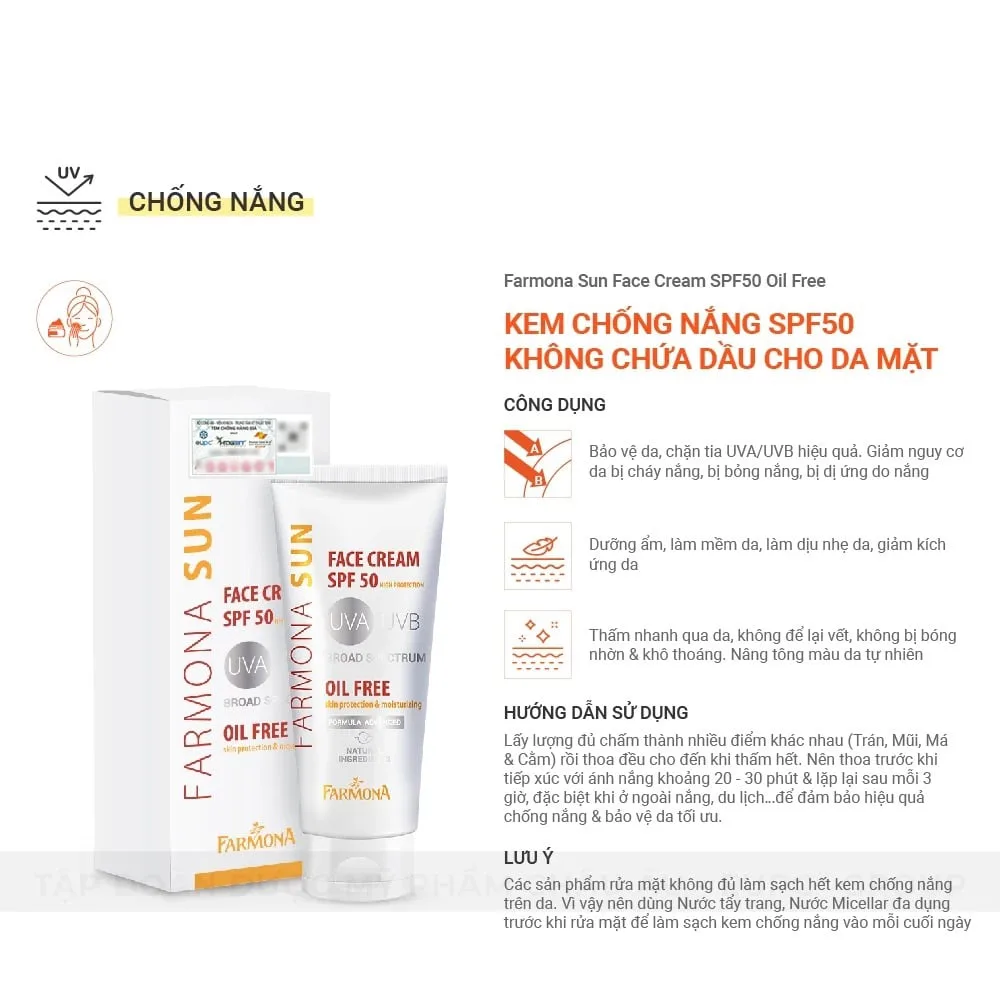 Kem Chống Nắng Farmona Sun Face Cream Oil Free SPF50+ Không Chứa Dầu Kiềm Dầu Cho Da Dầu Mụn 50ml 5