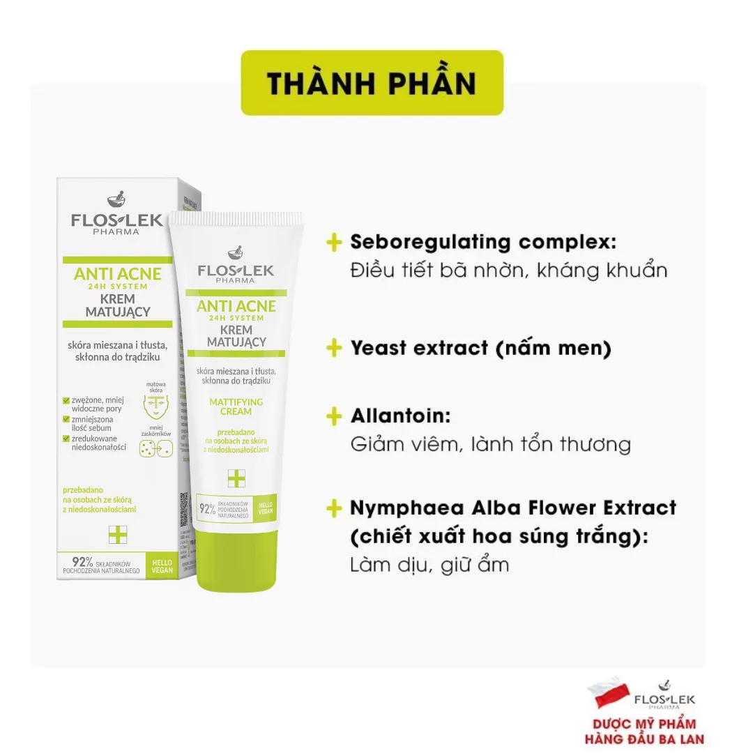 Kem Dưỡng Ẩm Kiềm Dầu Floslek Anti Acne Mattifying Cream 24H Giảm Bóng Nhờn Làm Dịu Da Dầu Mụn 50ml 4