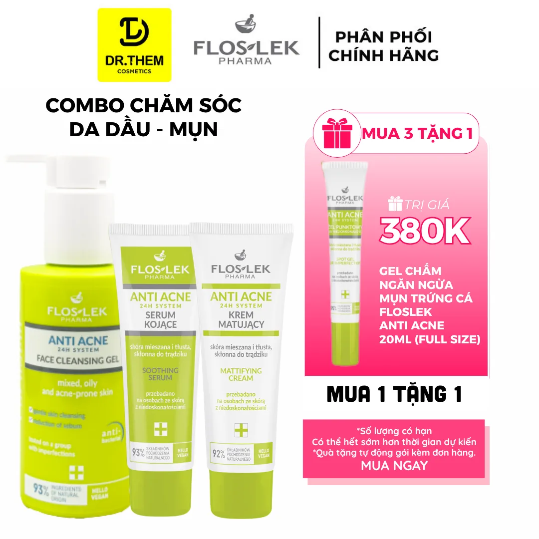Combo Chăm Sóc Da Dầu Mụn Floslek Anti Acne Mua 3 Tặng 1 Sữa Rửa Mặt Serum Kem Dưỡng Và Gel Chấm Mụn