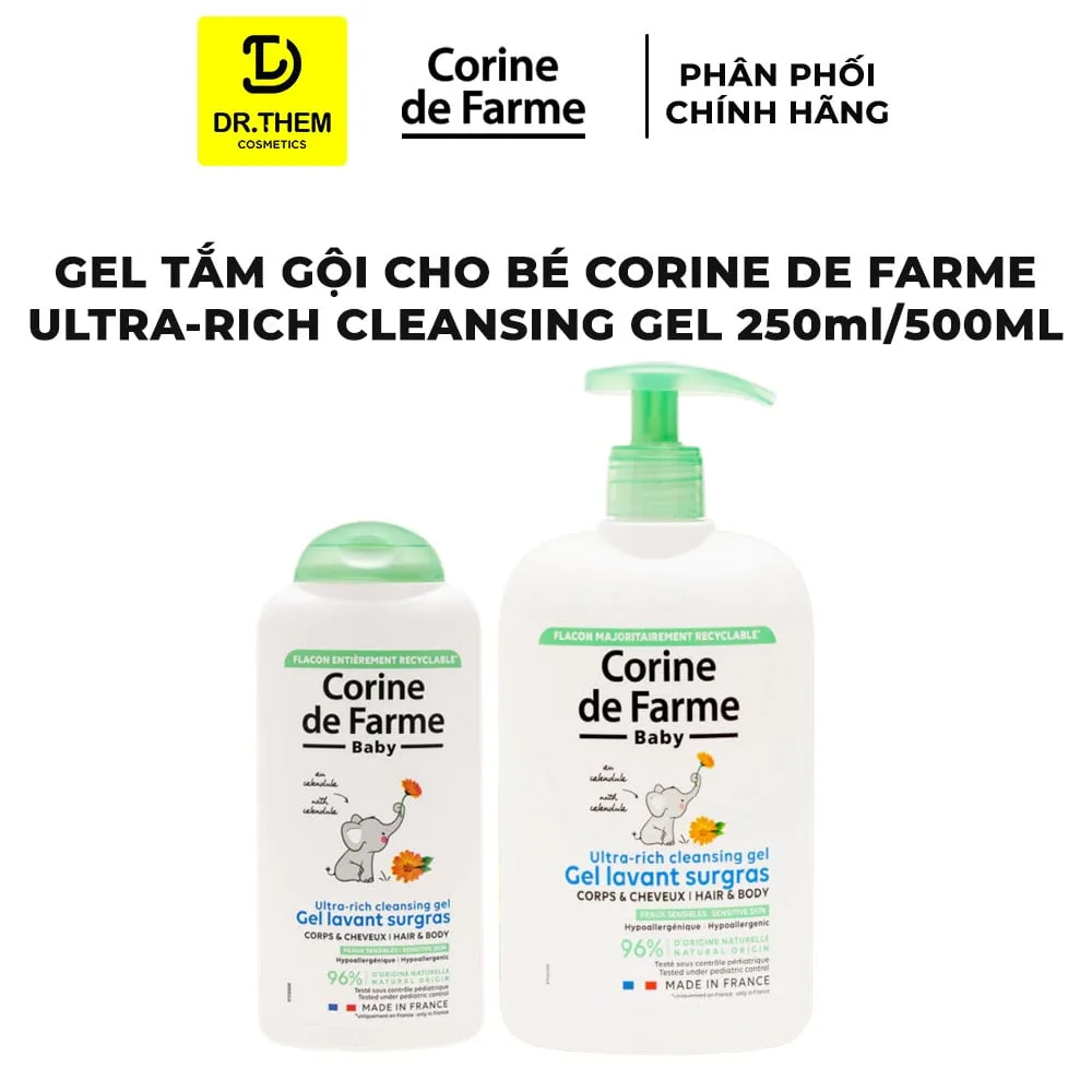 Gel Tắm Gội Cho Bé Corine De Farme Ultra Rich Cleansing Gel Làm Sạch Dịu Nhẹ Không Cay Mắt 250ml/500ml