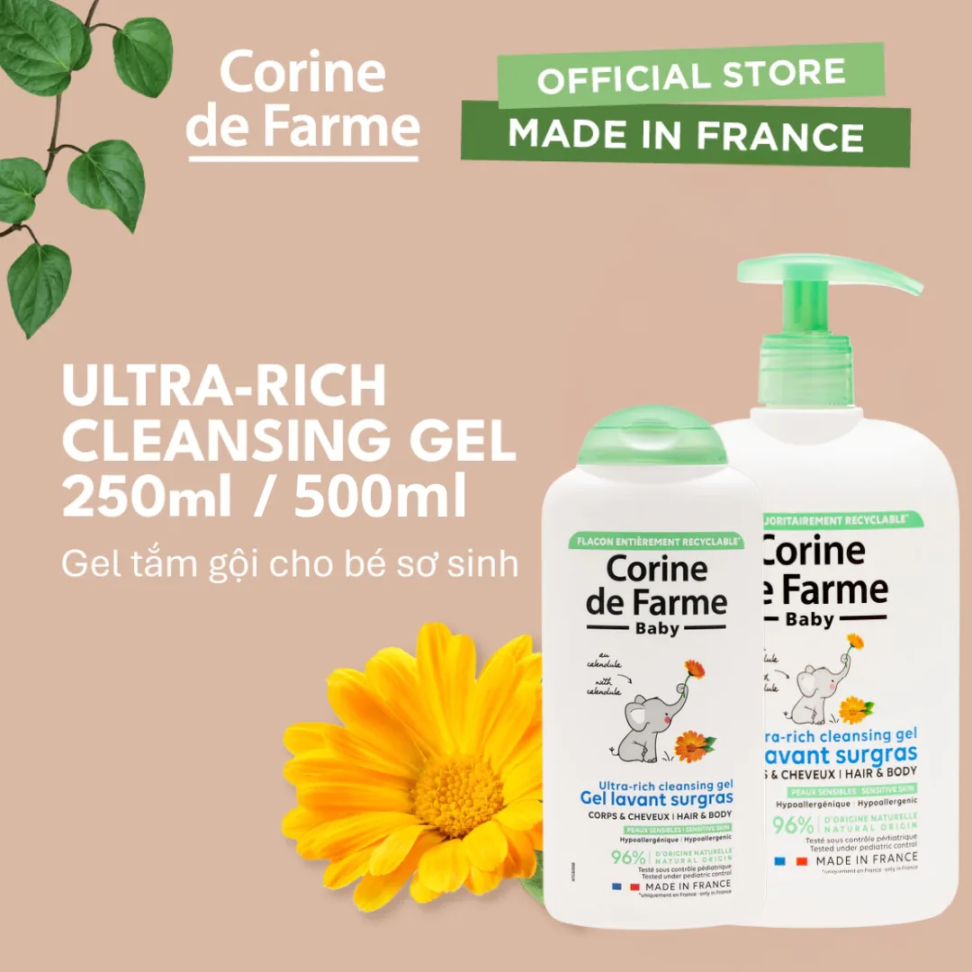 Gel Tắm Gội Cho Bé Corine De Farme Ultra Rich Cleansing Gel Làm Sạch Dịu Nhẹ Không Cay Mắt 250ml/500ml 2