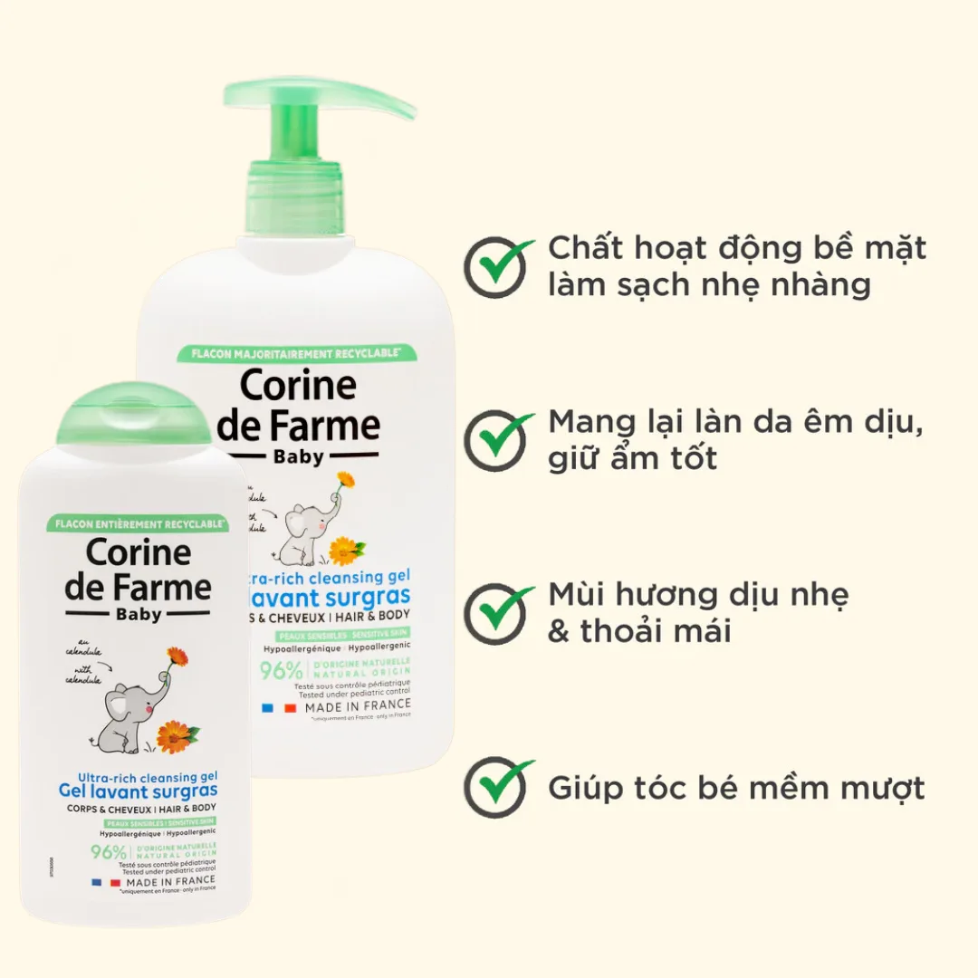 Gel Tắm Gội Cho Bé Corine De Farme Ultra Rich Cleansing Gel Làm Sạch Dịu Nhẹ Không Cay Mắt 250ml/500ml 4