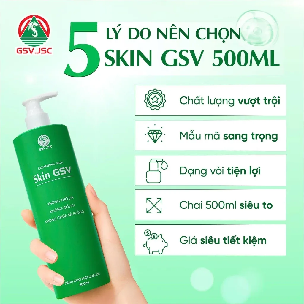 Sữa Rửa Mặt Và Tẩy Trang Skin GSV Cleansing Milk Làm Sạch Dịu Nhẹ Không Xà Phòng Cho Mọi Loại Da 500ml 2