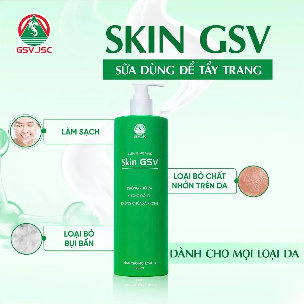Sữa Rửa Mặt Và Tẩy Trang Skin GSV Cleansing Milk Làm Sạch Dịu Nhẹ Không Xà Phòng Cho Mọi Loại Da 500ml 4