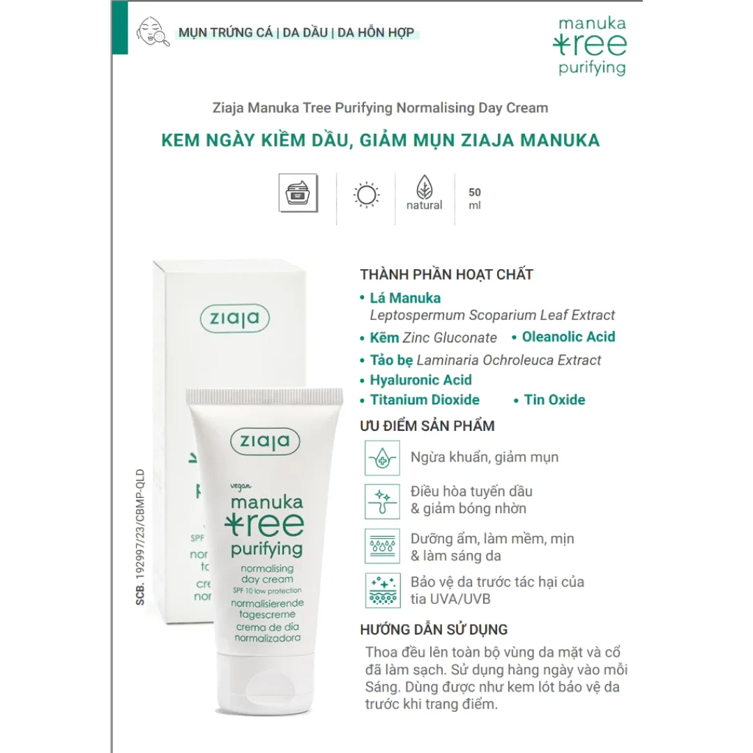 Kem Dưỡng Ziaja Manuka Tree Purifying Normalising Kiềm Dầu Cân Bằng Ngày Đêm Cho Da Dầu Mụn 50ml 4