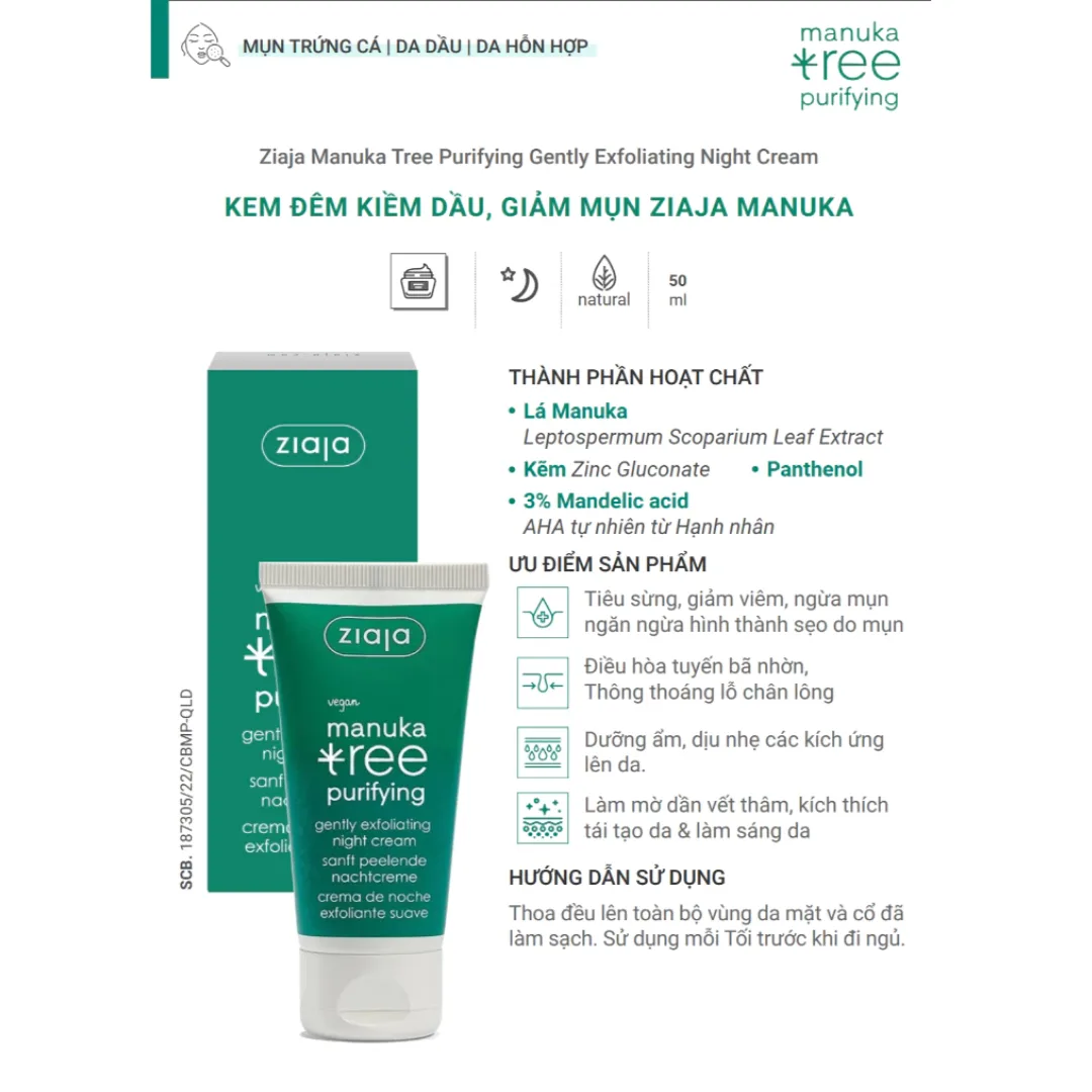 Kem Dưỡng Ziaja Manuka Tree Purifying Normalising Kiềm Dầu Cân Bằng Ngày Đêm Cho Da Dầu Mụn 50ml 5
