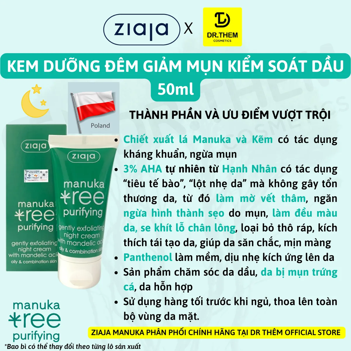 Kem Dưỡng Ziaja Manuka Tree Purifying Normalising Kiềm Dầu Cân Bằng Ngày Đêm Cho Da Dầu Mụn 50ml 6