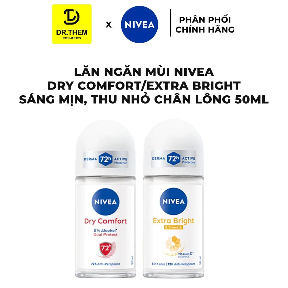 Lăn Khử Mùi Nivea Extra Bright Smooth Và Dry Comfort Ngăn Mồ Hôi 72 Giờ Dưỡng Sáng Vùng Da Dưới Cánh Tay 50ml