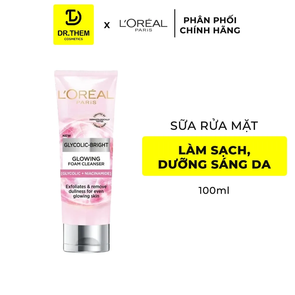 Sữa Rửa Mặt L'Oreal Paris Glycolic Bright Glowing Foam Cleanser Glycolic Và Niacinamide Làm Sạch Sáng Da 100ml