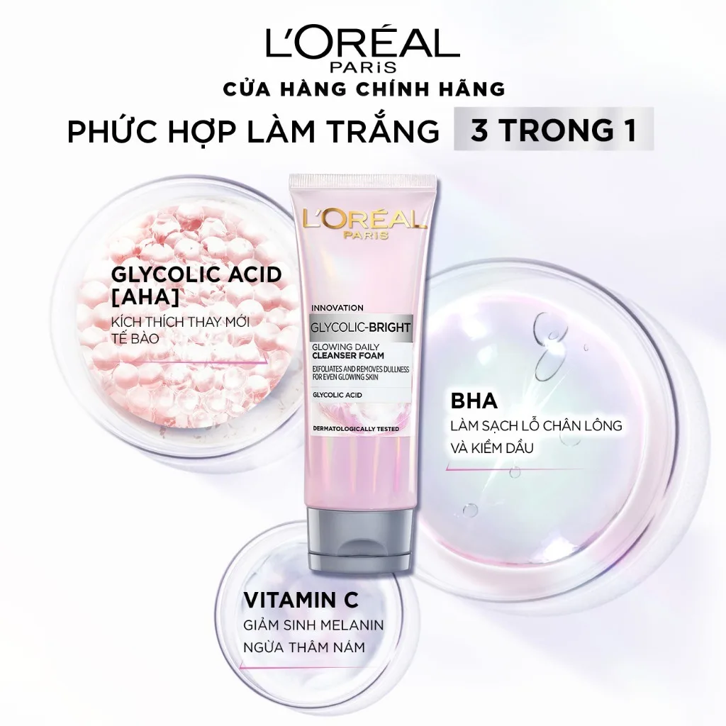 Sữa Rửa Mặt L'Oreal Paris Glycolic Bright Glowing Foam Cleanser Glycolic Và Niacinamide Làm Sạch Sáng Da 100ml 5