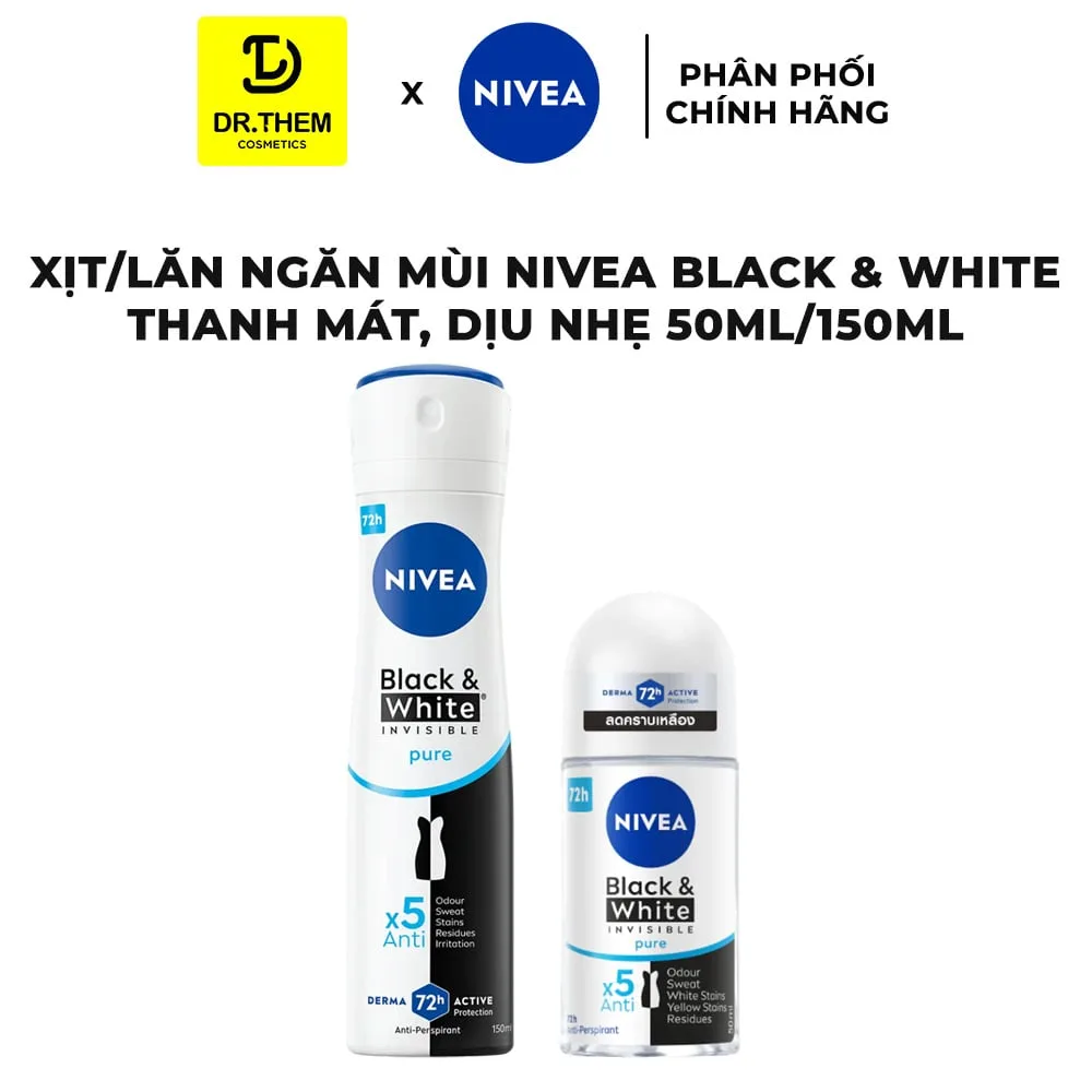 Xịt Lăn Ngăn Mùi Nivea Black And White Ngăn Vệt Ố Vàng Trên Áo Thanh Mát Dịu Nhẹ 50ml/150ml