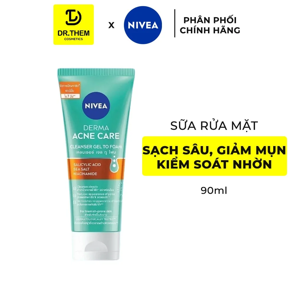 Sữa Rửa Mặt Nivea Derma Acne Care Gel To Foam Làm Sạch Sâu Hỗ Trợ Giảm Mụn Kiểm Soát Nhờn Cho Da Dầu Mụn 90ml