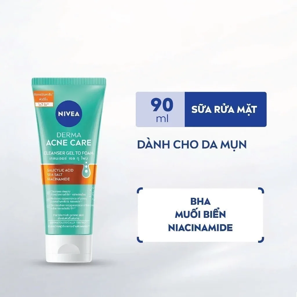 Sữa Rửa Mặt Nivea Derma Acne Care Gel To Foam Làm Sạch Sâu Hỗ Trợ Giảm Mụn Kiểm Soát Nhờn Cho Da Dầu Mụn 90ml 2