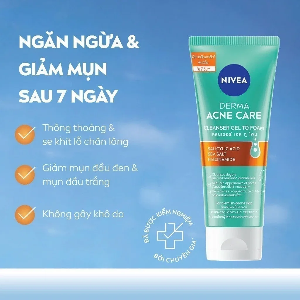 Sữa Rửa Mặt Nivea Derma Acne Care Gel To Foam Làm Sạch Sâu Hỗ Trợ Giảm Mụn Kiểm Soát Nhờn Cho Da Dầu Mụn 90ml 3