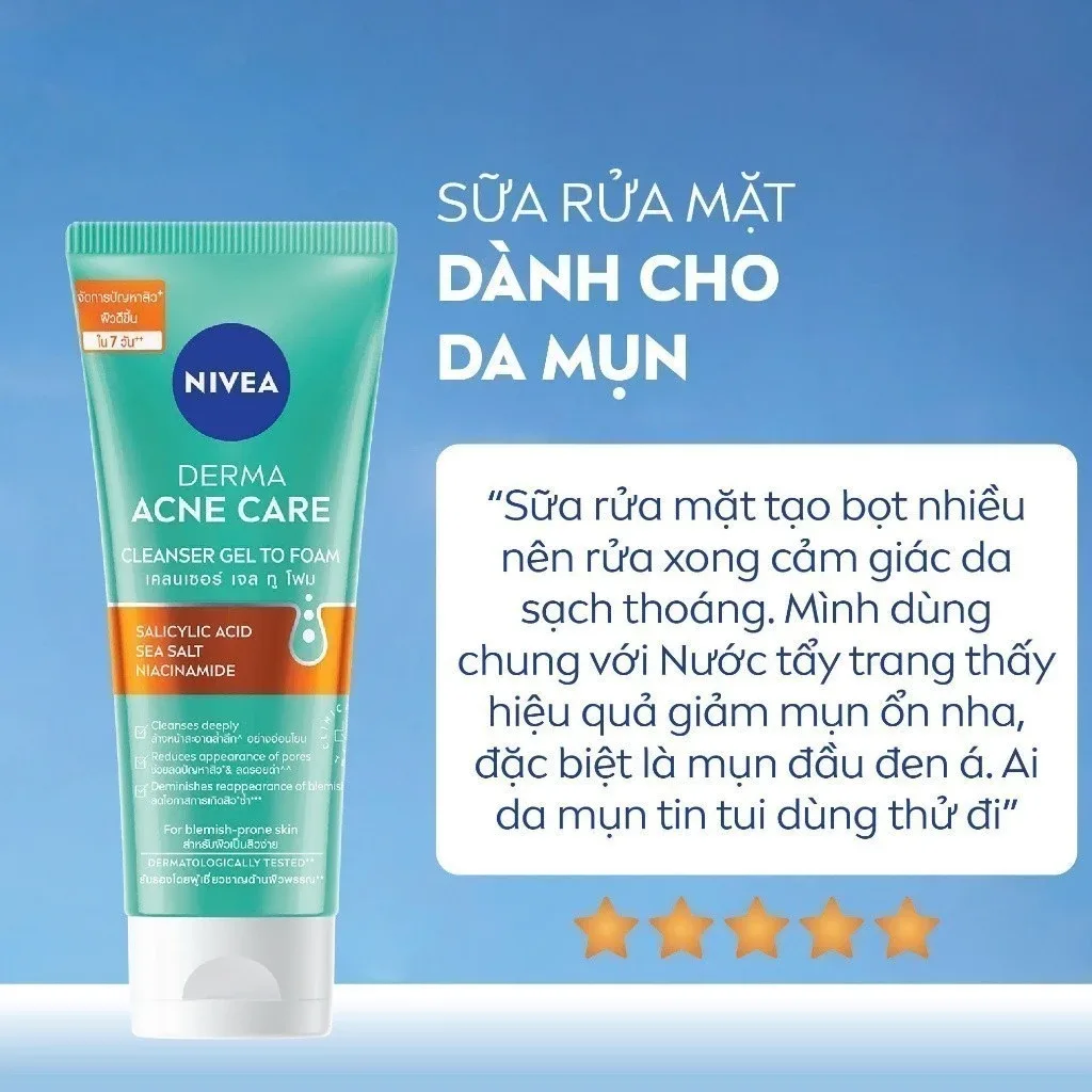 Sữa Rửa Mặt Nivea Derma Acne Care Gel To Foam Làm Sạch Sâu Hỗ Trợ Giảm Mụn Kiểm Soát Nhờn Cho Da Dầu Mụn 90ml 4