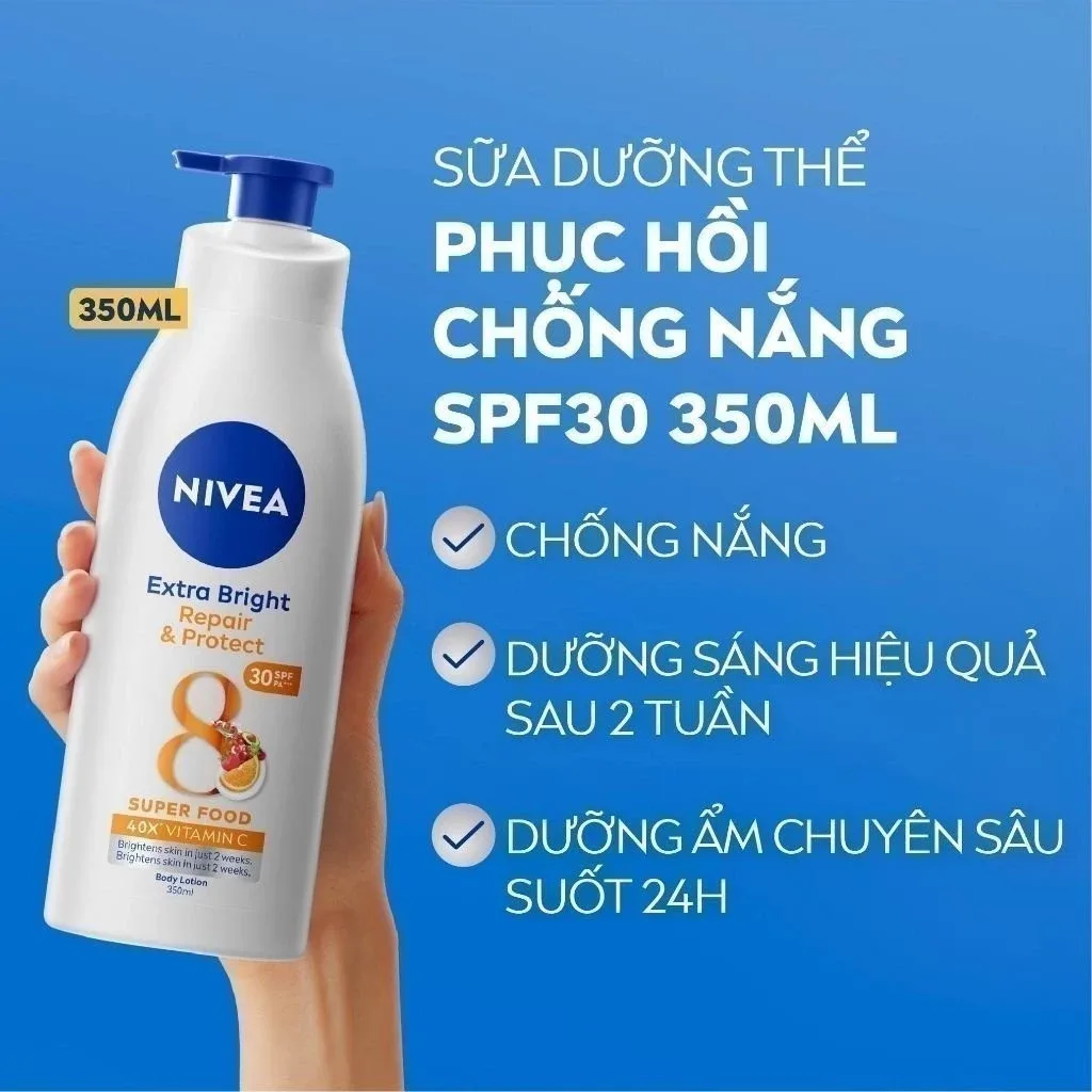 Sữa Dưỡng Thể Nivea Extra Bright Repair & Protect 8 Super Foods SPF30 PA++ Dưỡng Sáng Cấp Ẩm Chống Nắng Ban Ngày 350ml 4