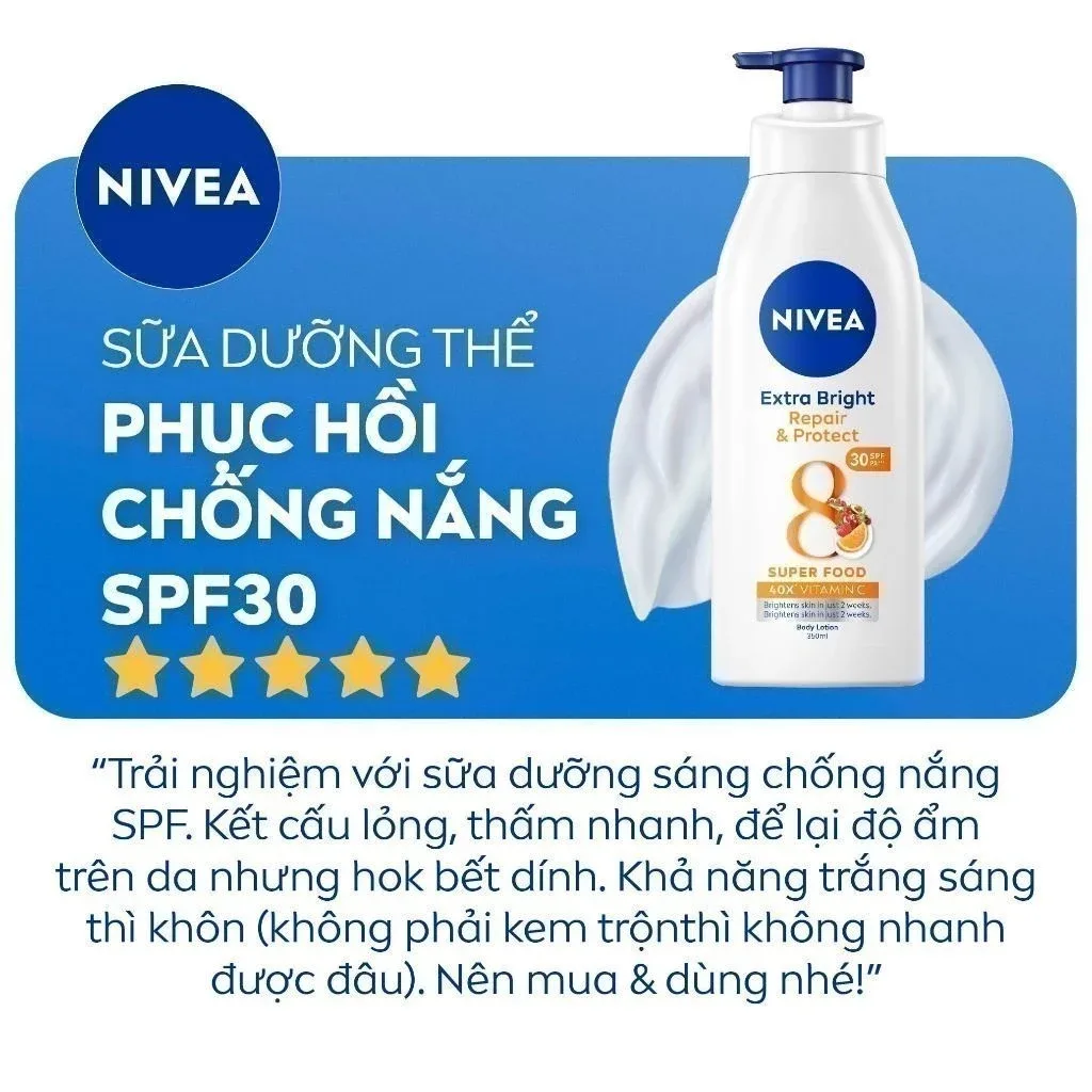 Sữa Dưỡng Thể Nivea Extra Bright Repair & Protect 8 Super Foods SPF30 PA++ Dưỡng Sáng Cấp Ẩm Chống Nắng Ban Ngày 350ml 8