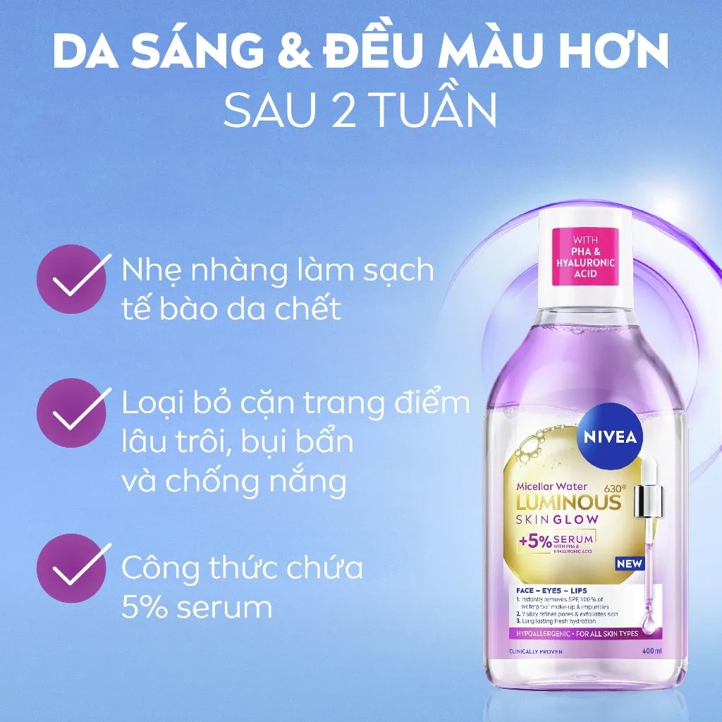 Nước Tẩy Trang NIVEA Luminous Skin Glow Làm Sạch Sâu Dưỡng Sáng Se Khít Lỗ Chân Lông Cho Mọi Loại Da 400ml 6