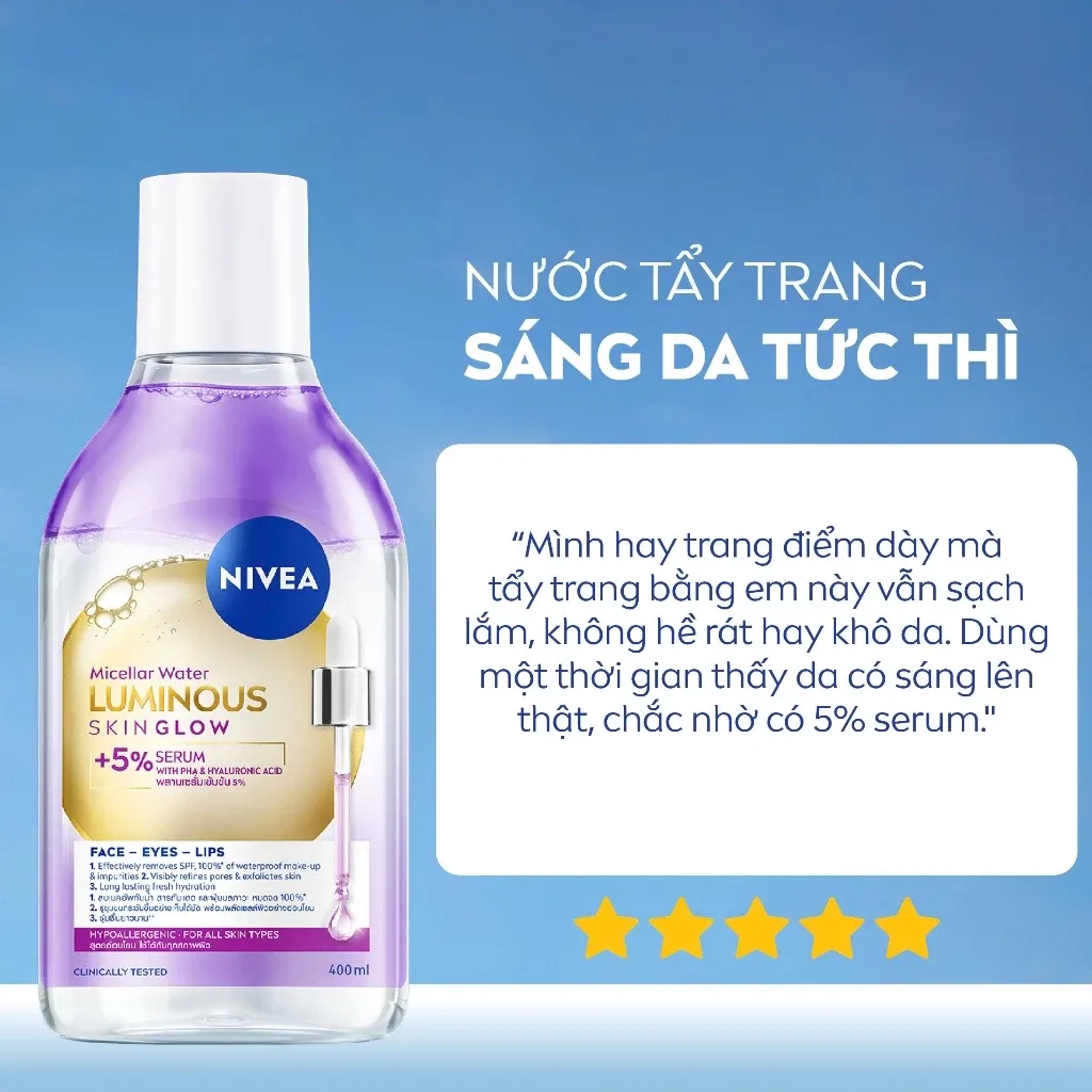 Nước Tẩy Trang NIVEA Luminous Skin Glow Làm Sạch Sâu Dưỡng Sáng Se Khít Lỗ Chân Lông Cho Mọi Loại Da 400ml 7