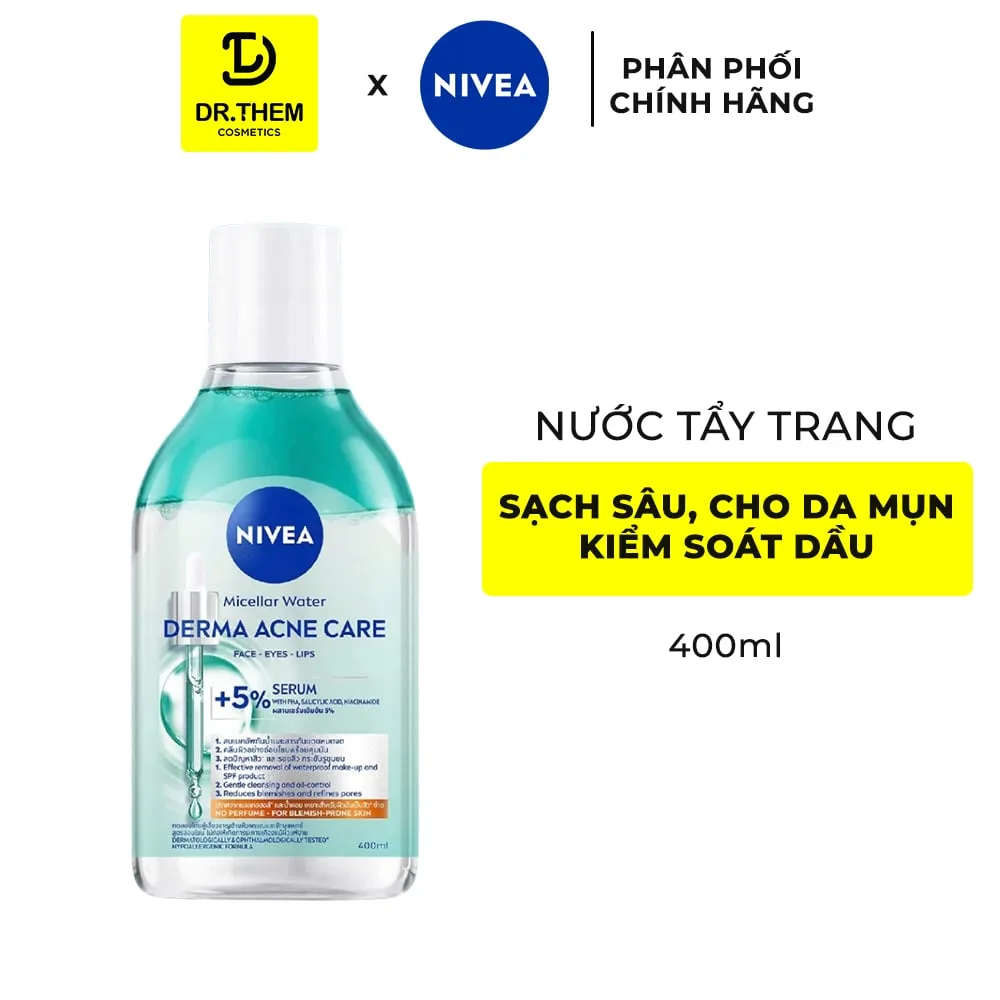 Nước Tẩy Trang NIVEA Derma Acne Care Micellar Water Làm Sạch Sâu Kiểm Soát Dầu Cho Da Dầu Mụn 400ml