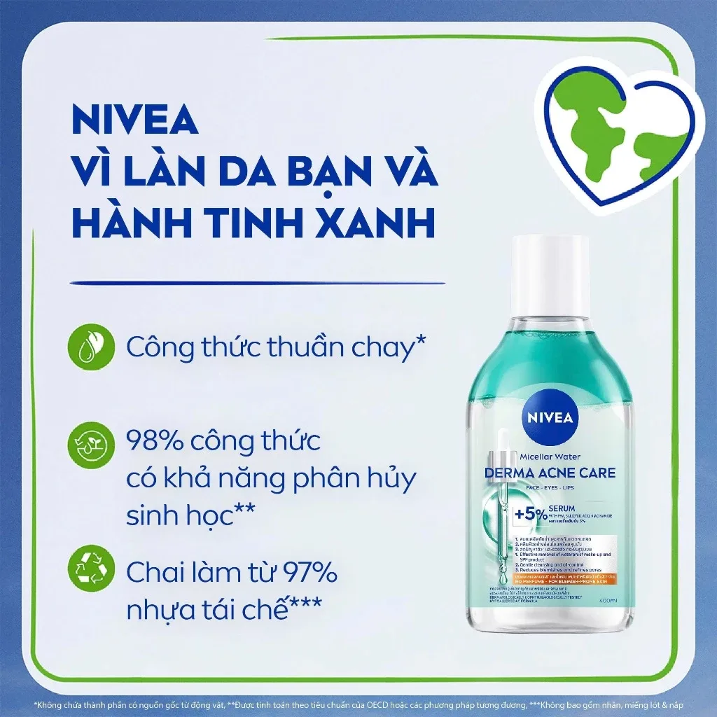 Nước Tẩy Trang NIVEA Derma Acne Care Micellar Water Làm Sạch Sâu Kiểm Soát Dầu Cho Da Dầu Mụn 400ml 6