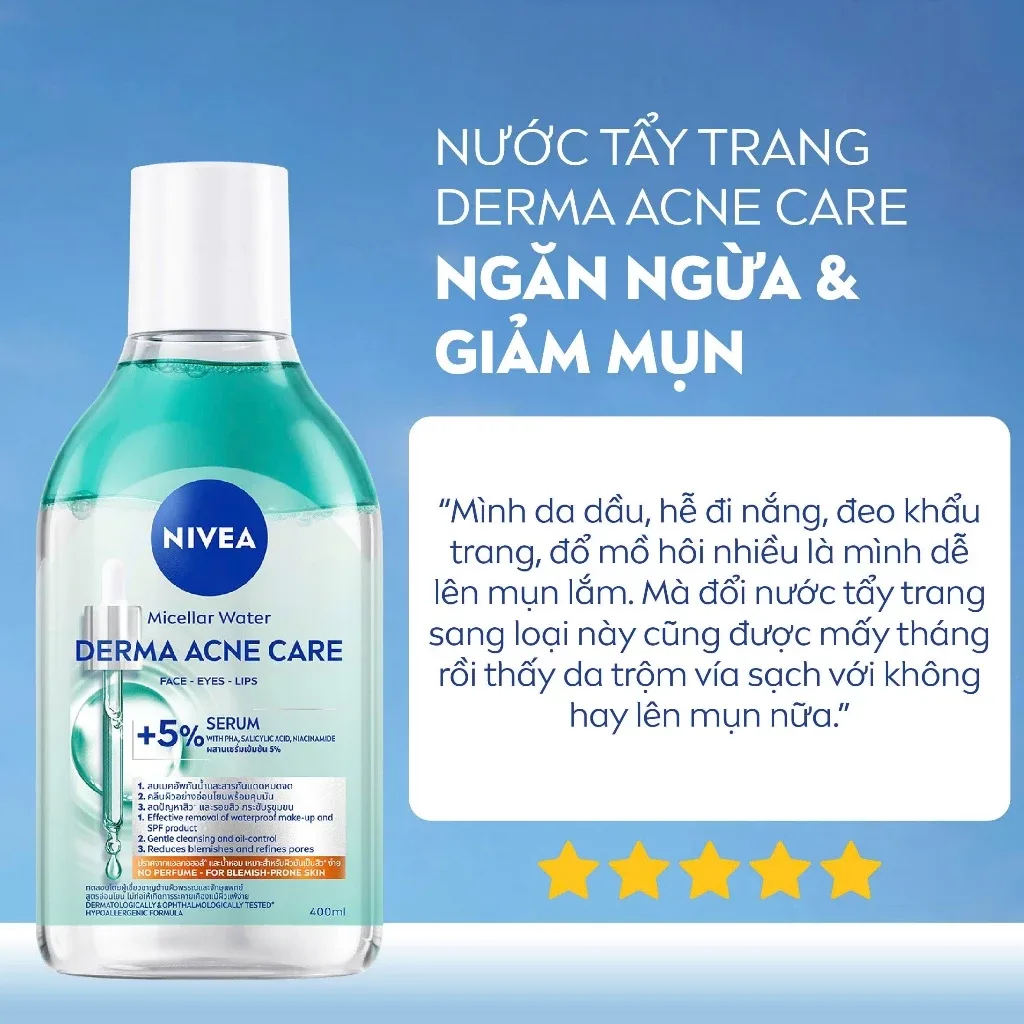 Nước Tẩy Trang NIVEA Derma Acne Care Micellar Water Làm Sạch Sâu Kiểm Soát Dầu Cho Da Dầu Mụn 400ml 7