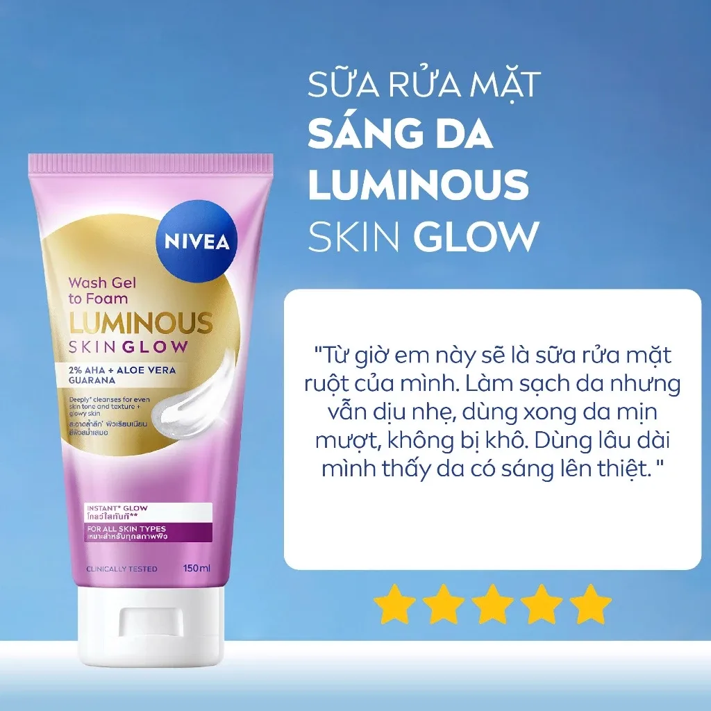 Sữa Rửa Mặt NIVEA Luminous Skin Glow Tạo Bọt Làm Sạch Sâu Dưỡng Sáng Kiểm Soát Dầu Cho Nam Và Nữ 150ml 4