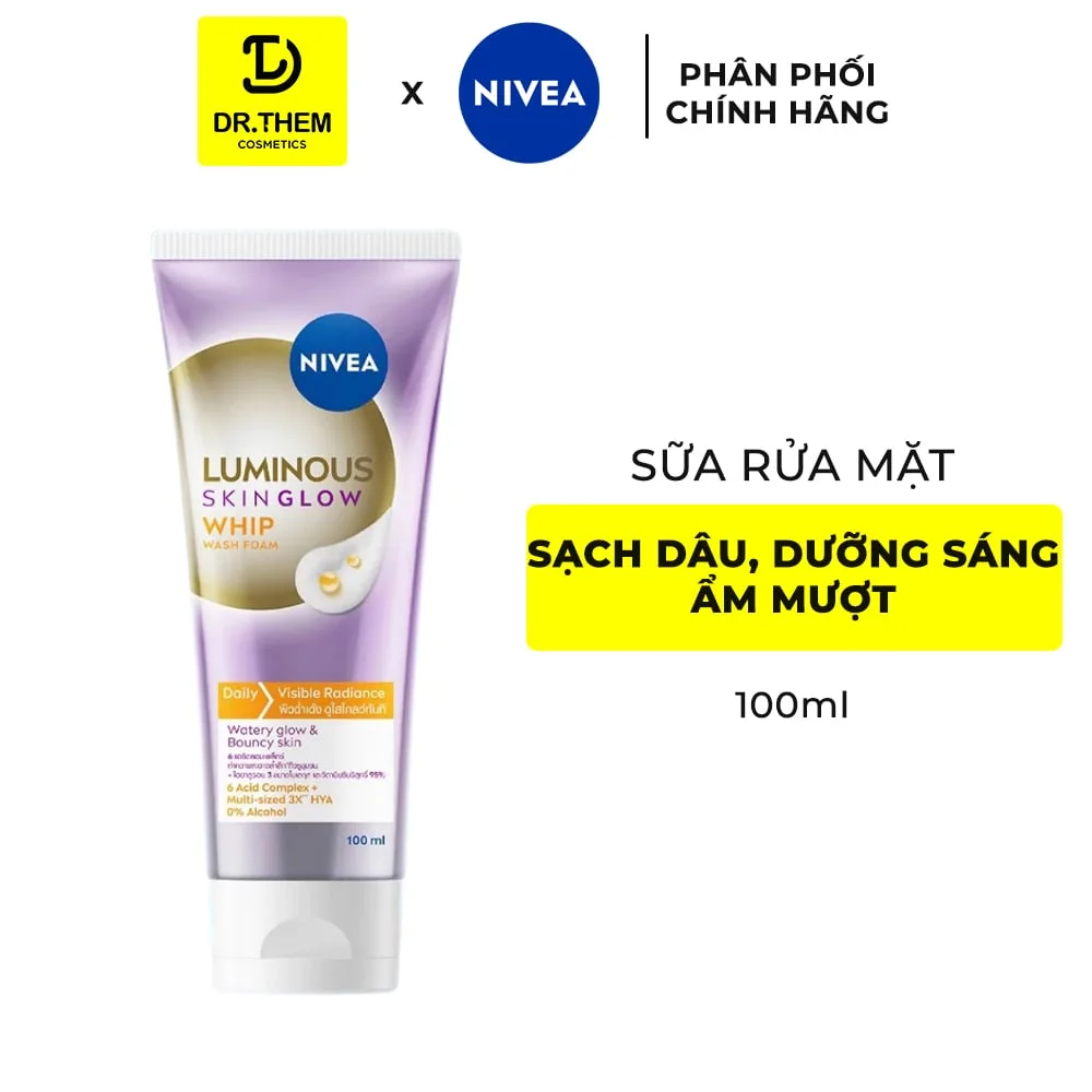 Sữa Rửa Mặt NIVEA Luminous Skin Glow Whip Wash Foam Làm Sạch Sâu Dưỡng Sáng Ẩm Mượt Cho Da Khô Xỉn Màu 100ml