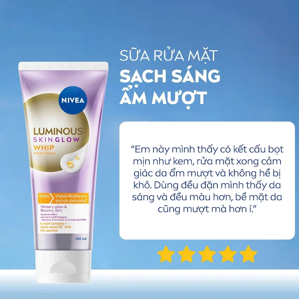 Sữa Rửa Mặt NIVEA Luminous Skin Glow Whip Wash Foam Làm Sạch Sâu Dưỡng Sáng Ẩm Mượt Cho Da Khô Xỉn Màu 100ml 5