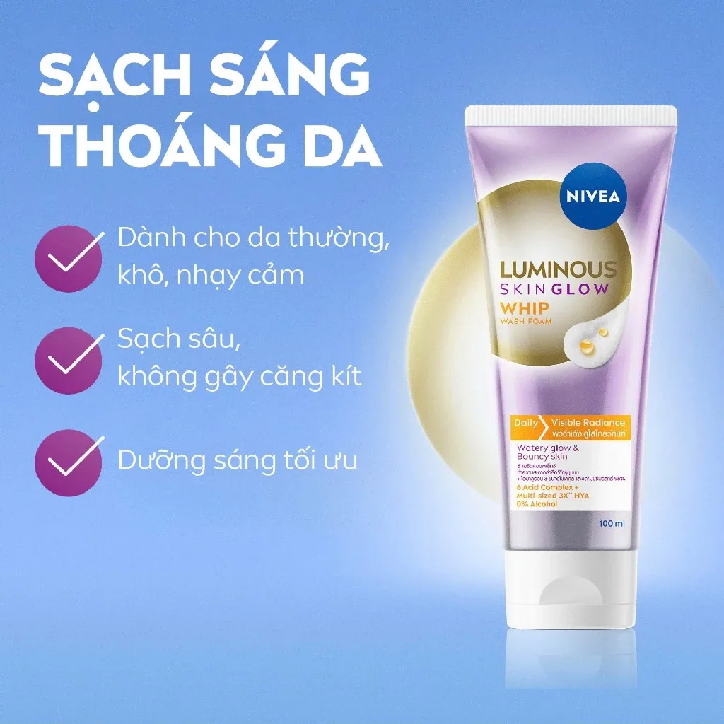 Sữa Rửa Mặt NIVEA Luminous Skin Glow Whip Wash Foam Làm Sạch Sâu Dưỡng Sáng Ẩm Mượt Cho Da Khô Xỉn Màu 100ml 6