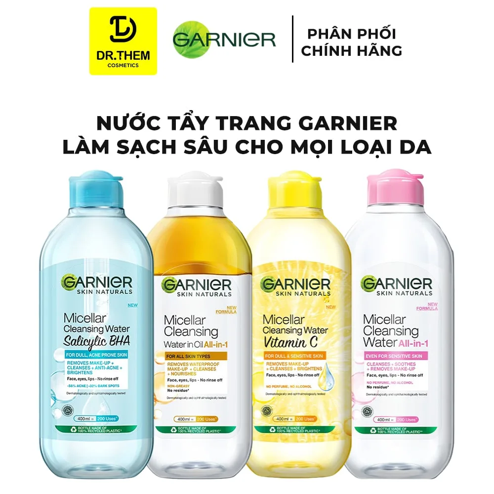 Nước Tẩy Trang Garnier Micellar Cleansing Water Làm Sạch Sâu Dịu Nhẹ 3 Trong 1 Cho Mọi Loại Da 50ml/400ml