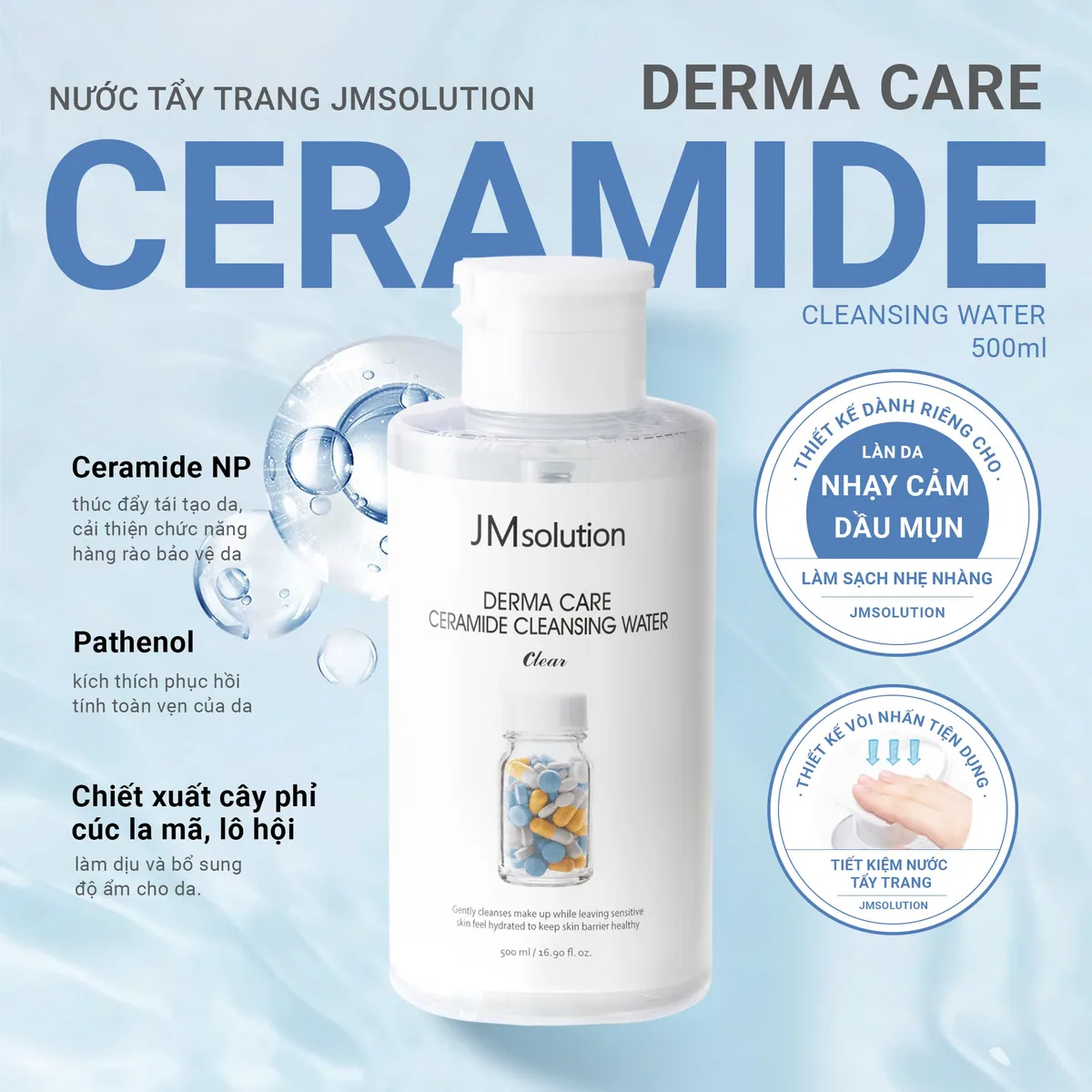 Nước Tẩy Trang JMsolution Centella Ceramide S.O.S Ringer Cleansing Water Làm Sạch Cấp Ẩm Cho Mọi Loại Da 500ml 850ml 5