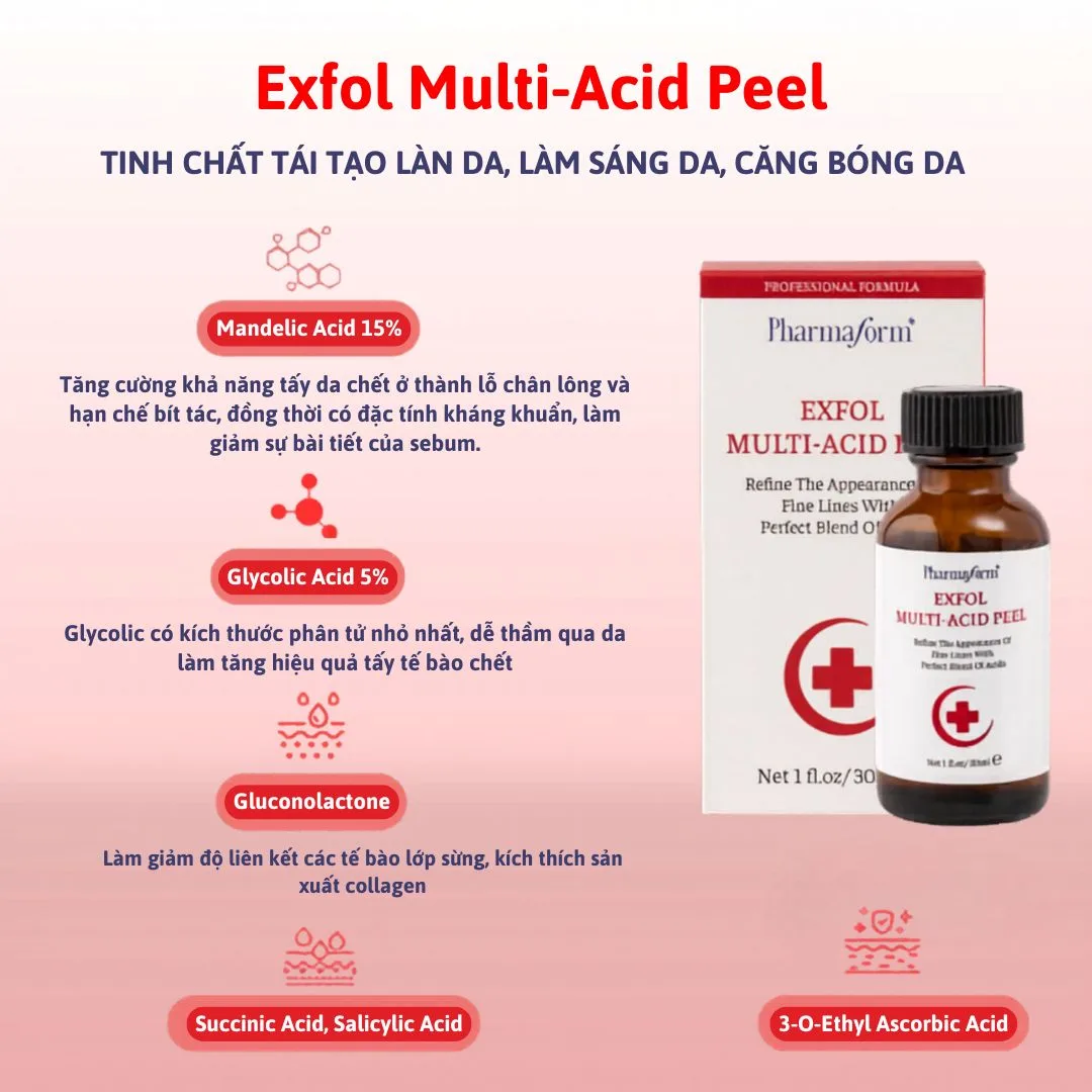 Tinh Chất Peel Da Pharmaform Exfol Multi Acid Peel Tái Tạo Làm Sáng Căng Bóng Da Cho Da Dầu Mụn 30ml 3